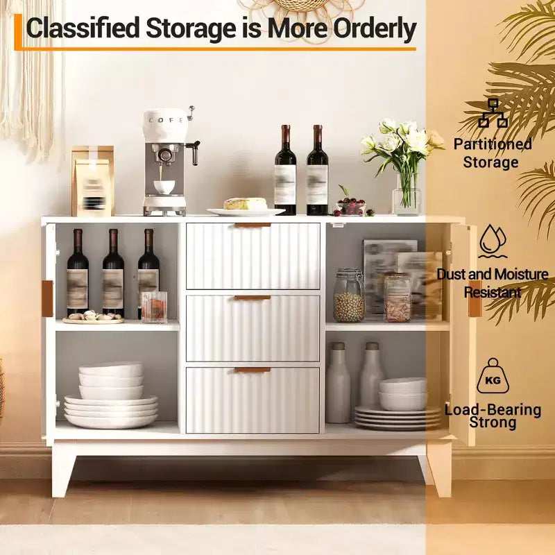Fluted Sideboard Buffet Cabinet, 47.2in Large Accent Coffee Bar Cupboard Storage Cabinet with 3 Drawers 2 Doors for Kitchen Living Room Entryway