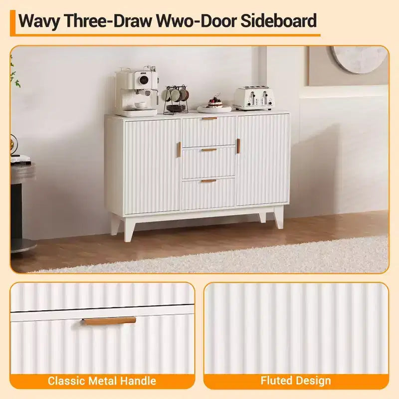 Fluted Sideboard Buffet Cabinet, 47.2in Large Accent Coffee Bar Cupboard Storage Cabinet with 3 Drawers 2 Doors for Kitchen Living Room Entryway