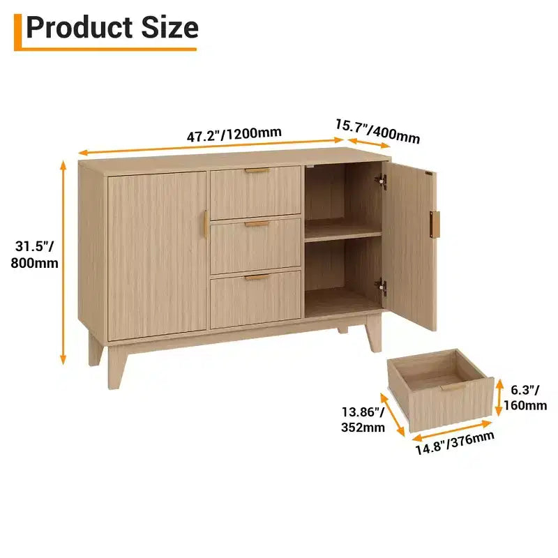 Fluted Sideboard Buffet Cabinet, 47.2in Large Accent Coffee Bar Cupboard Storage Cabinet with 3 Drawers 2 Doors for Kitchen Living Room Entryway