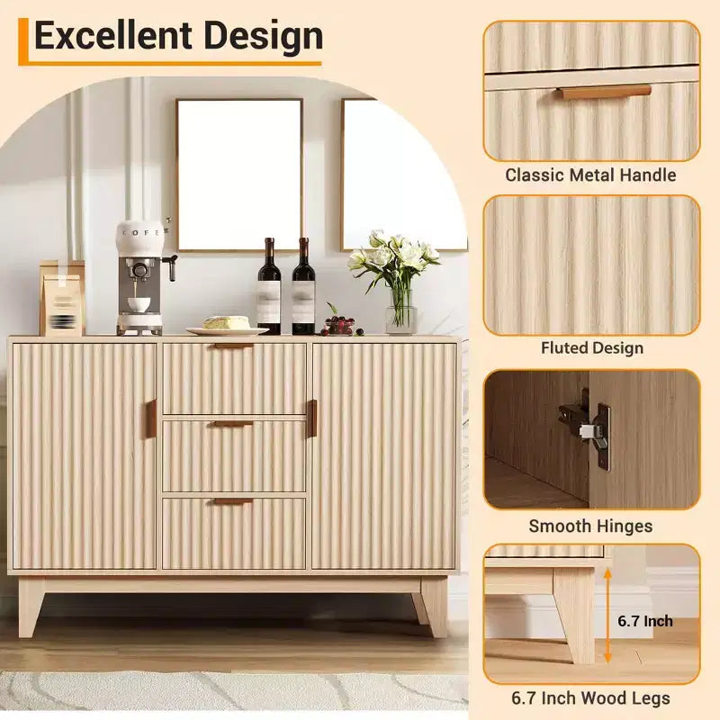 Fluted Sideboard Buffet Cabinet, 47.2in Large Accent Coffee Bar Cupboard Storage Cabinet with 3 Drawers 2 Doors for Kitchen Living Room Entryway