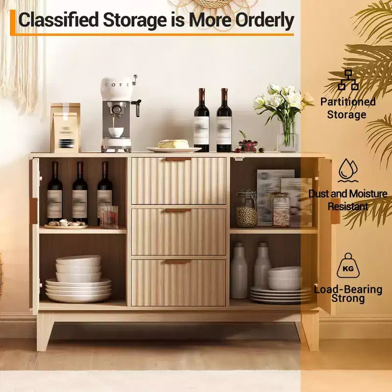 Fluted Sideboard Buffet Cabinet, 47.2in Large Accent Coffee Bar Cupboard Storage Cabinet with 3 Drawers 2 Doors for Kitchen Living Room Entryway
