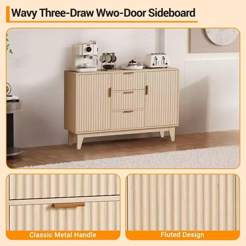 Fluted Sideboard Buffet Cabinet, 47.2in Large Accent Coffee Bar Cupboard Storage Cabinet with 3 Drawers 2 Doors for Kitchen Living Room Entryway