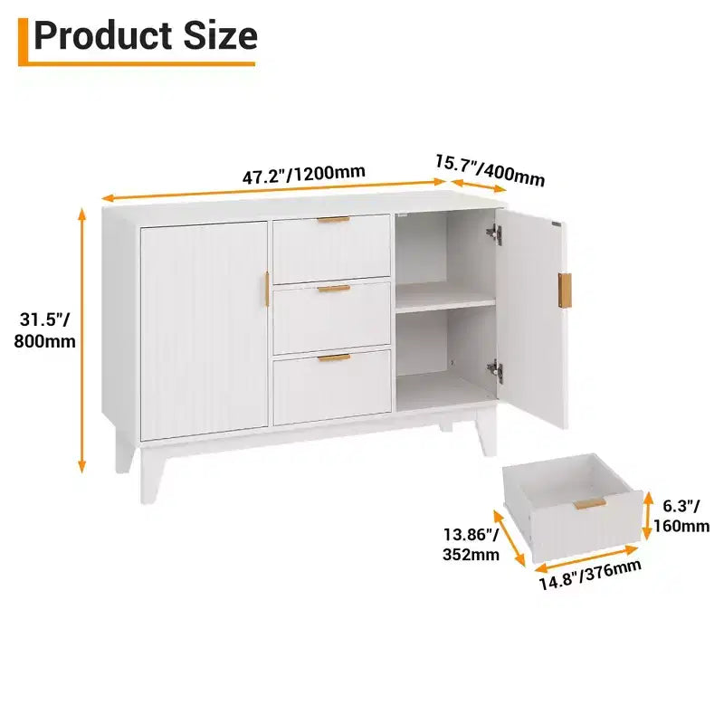 Fluted Sideboard Buffet Cabinet, 47.2in Large Accent Coffee Bar Cupboard Storage Cabinet with 3 Drawers 2 Doors for Kitchen Living Room Entryway