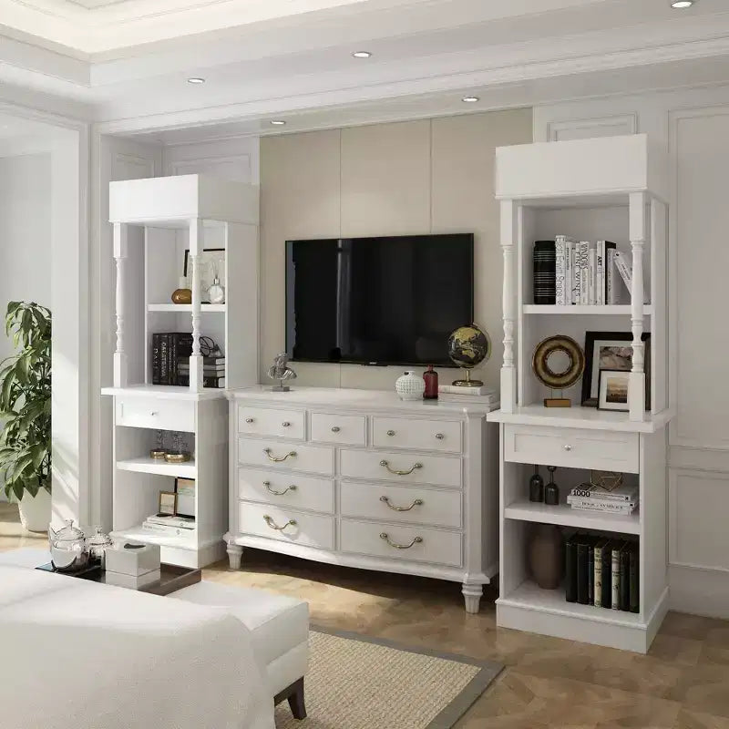 Famapy White Tall Display Cabinet & Storage Cabinet  Decorative Shelves + Drawer, Versatile for Home Spaces