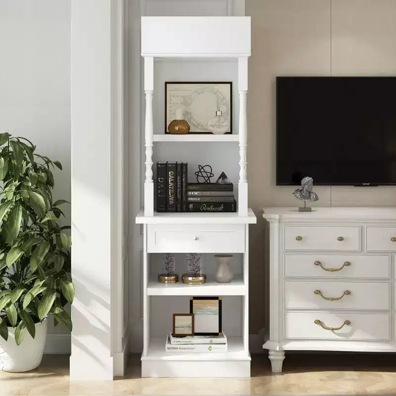 Famapy White Tall Display Cabinet & Storage Cabinet  Decorative Shelves + Drawer, Versatile for Home Spaces