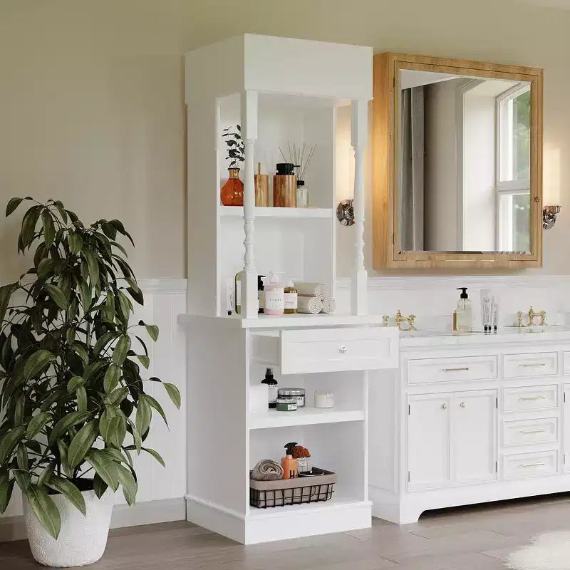 Famapy White Tall Display Cabinet & Storage Cabinet  Decorative Shelves + Drawer, Versatile for Home Spaces