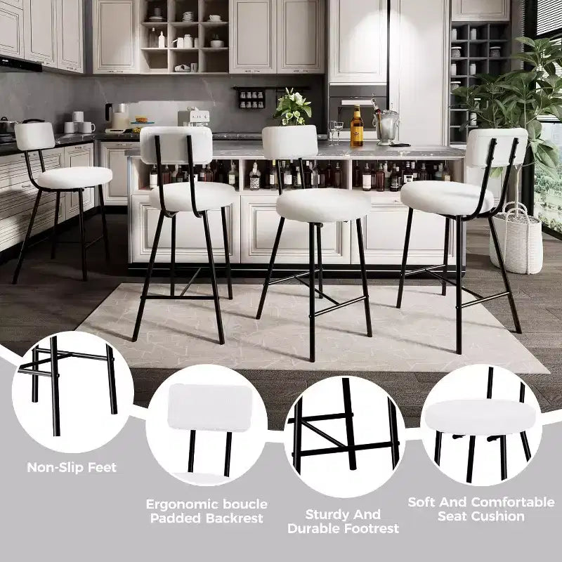 Bar Stools Set of 2/4, 24 Counter Height Bar Chairs with Backrest & Footrest - Modern Upholstered Round Seat Stools for Kitchen Island, Dining, Pub