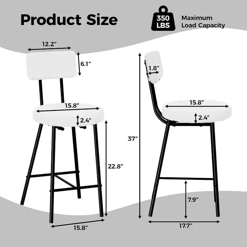 Bar Stools Set of 2/4, 24 Counter Height Bar Chairs with Backrest & Footrest - Modern Upholstered Round Seat Stools for Kitchen Island, Dining, Pub