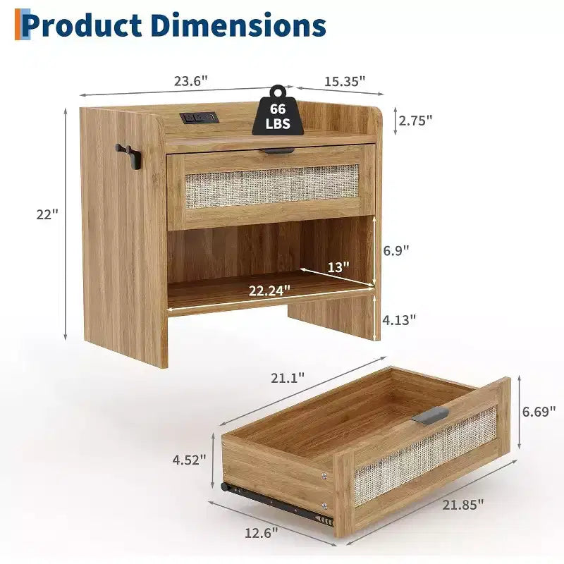 COZONY Wicker Nightstand with Type-C Charging Station, Boho Bedside Table with Drawer and Open Compartment for Bedroom