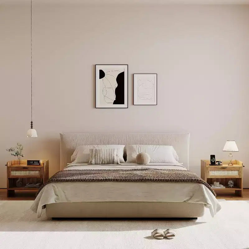 COZONY Wicker Nightstand with Type-C Charging Station, Boho Bedside Table with Drawer and Open Compartment for Bedroom