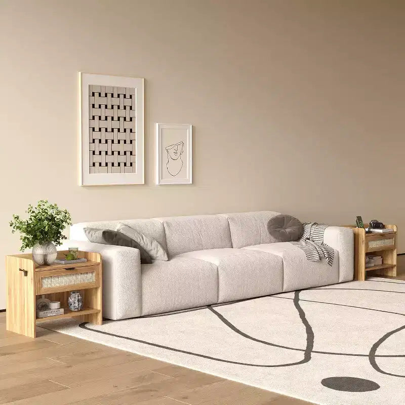 COZONY Wicker Nightstand with Type-C Charging Station, Boho Bedside Table with Drawer and Open Compartment for Bedroom