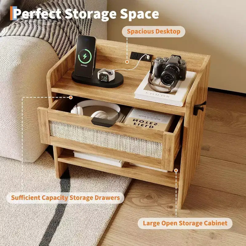 COZONY Wicker Nightstand with Type-C Charging Station, Boho Bedside Table with Drawer and Open Compartment for Bedroom