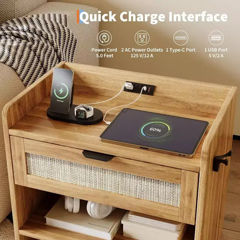 COZONY Wicker Nightstand with Type-C Charging Station, Boho Bedside Table with Drawer and Open Compartment for Bedroom
