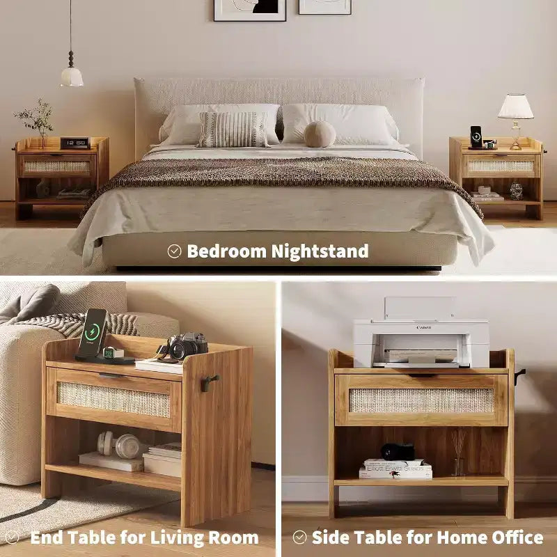 COZONY Wicker Nightstand with Type-C Charging Station, Boho Bedside Table with Drawer and Open Compartment for Bedroom