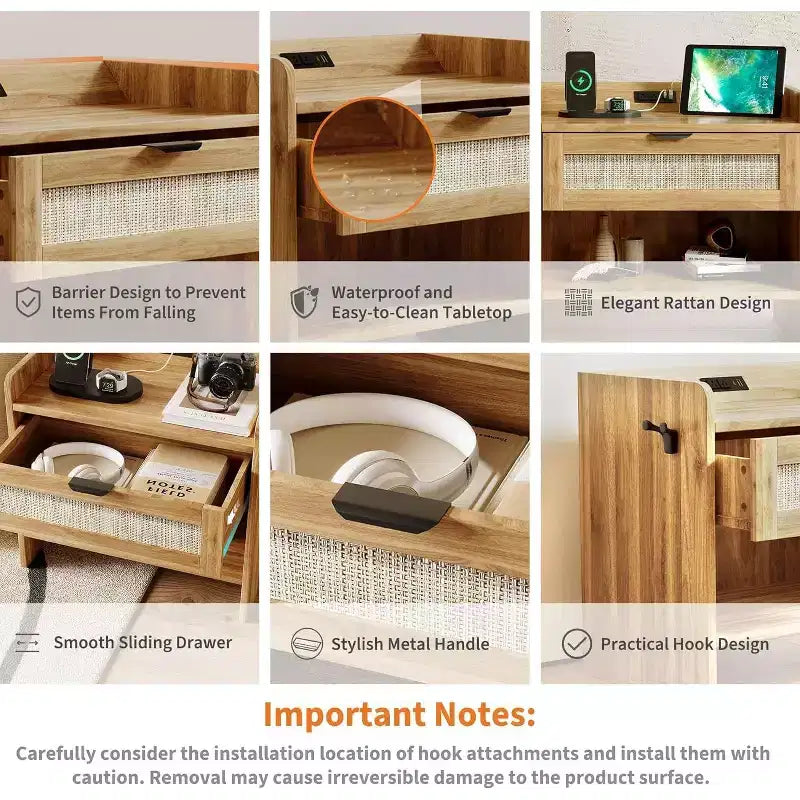 COZONY Wicker Nightstand with Type-C Charging Station, Boho Bedside Table with Drawer and Open Compartment for Bedroom