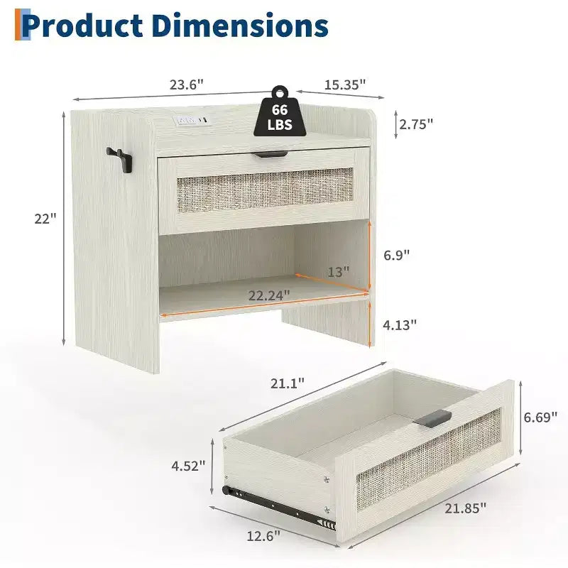 COZONY Wicker Nightstand with Type-C Charging Station, Boho Bedside Table with Drawer and Open Compartment for Bedroom