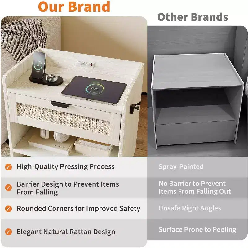 COZONY Wicker Nightstand with Type-C Charging Station, Boho Bedside Table with Drawer and Open Compartment for Bedroom