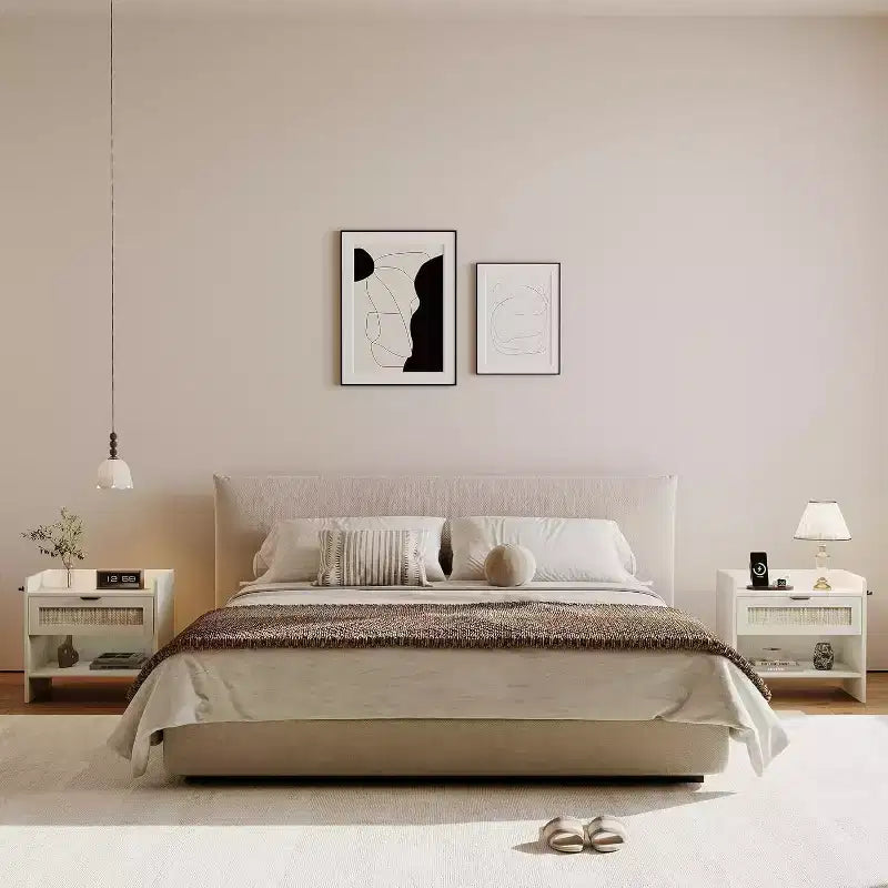 COZONY Wicker Nightstand with Type-C Charging Station, Boho Bedside Table with Drawer and Open Compartment for Bedroom