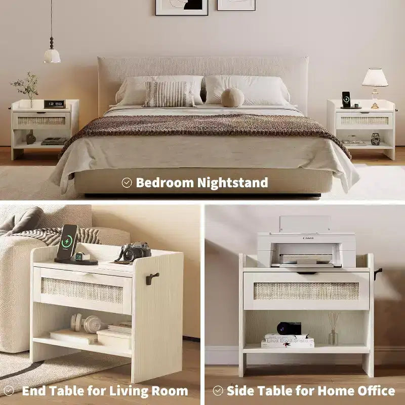 COZONY Wicker Nightstand with Type-C Charging Station, Boho Bedside Table with Drawer and Open Compartment for Bedroom