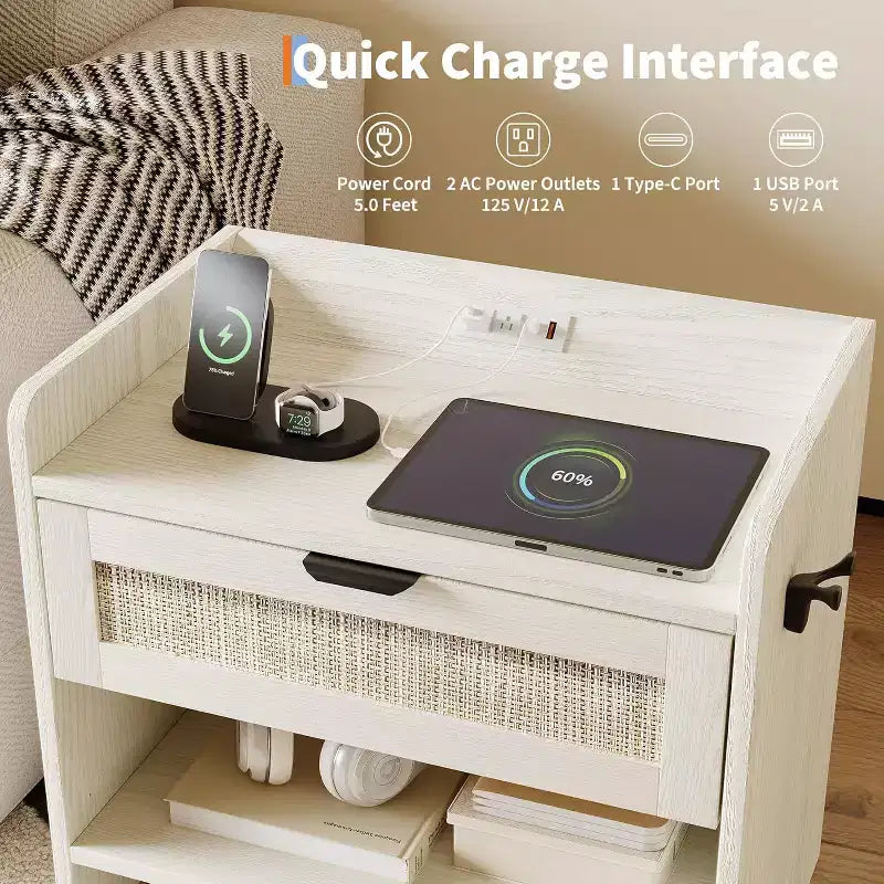 COZONY Wicker Nightstand with Type-C Charging Station, Boho Bedside Table with Drawer and Open Compartment for Bedroom