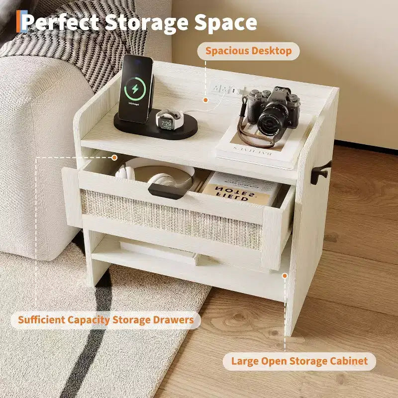 COZONY Wicker Nightstand with Type-C Charging Station, Boho Bedside Table with Drawer and Open Compartment for Bedroom