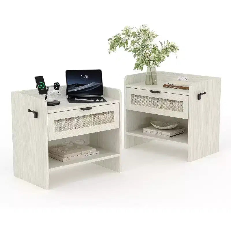 COZONY Wicker Nightstand with Type-C Charging Station, Boho Bedside Table with Drawer and Open Compartment for Bedroom
