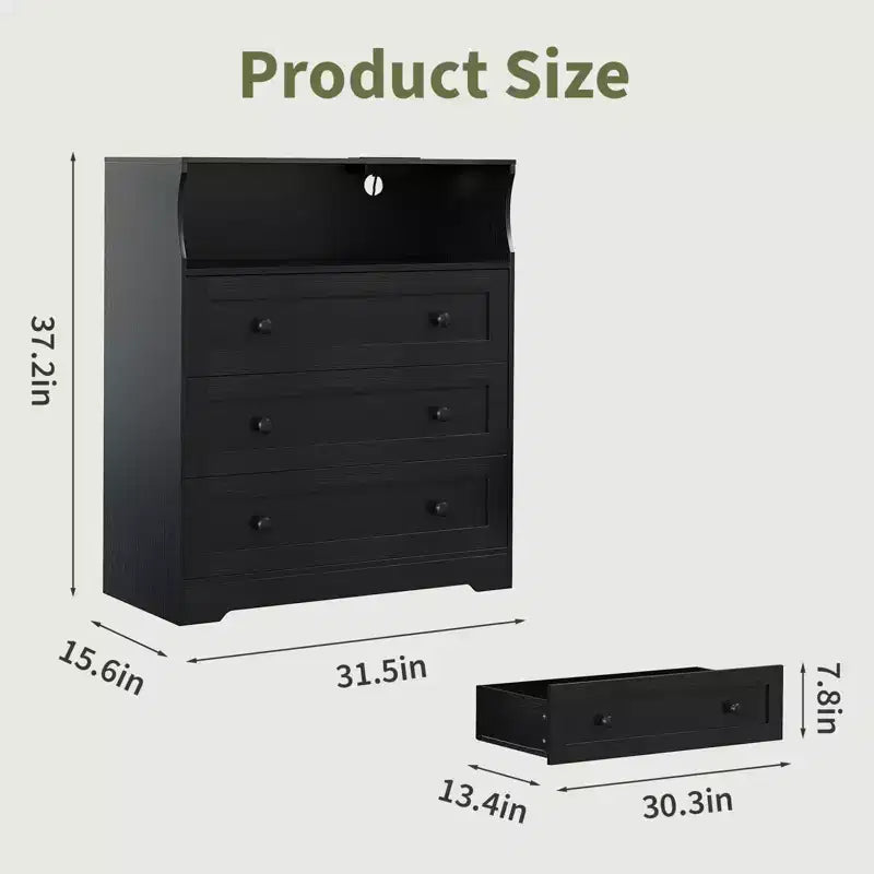 Small Dresser for Bedroom Closet Bedside with 3 Drawers, Wooden Dressers with Charging Station and LED Lights, Wood Chest of Drawers for Living Room