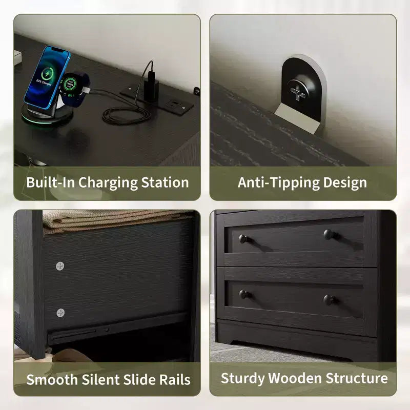 Small Dresser for Bedroom Closet Bedside with 3 Drawers, Wooden Dressers with Charging Station and LED Lights, Wood Chest of Drawers for Living Room