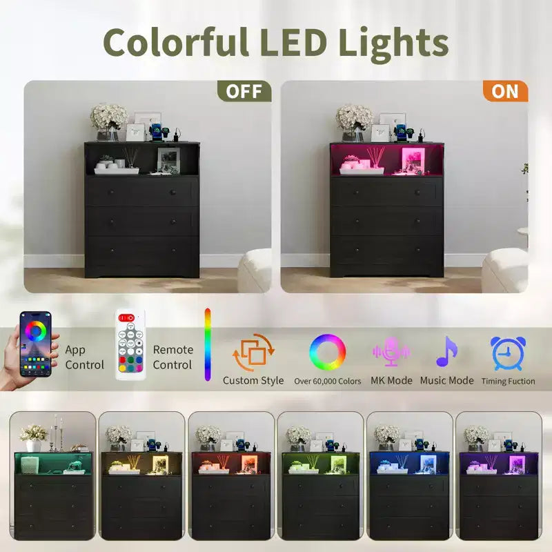 Small Dresser for Bedroom Closet Bedside with 3 Drawers, Wooden Dressers with Charging Station and LED Lights, Wood Chest of Drawers for Living Room