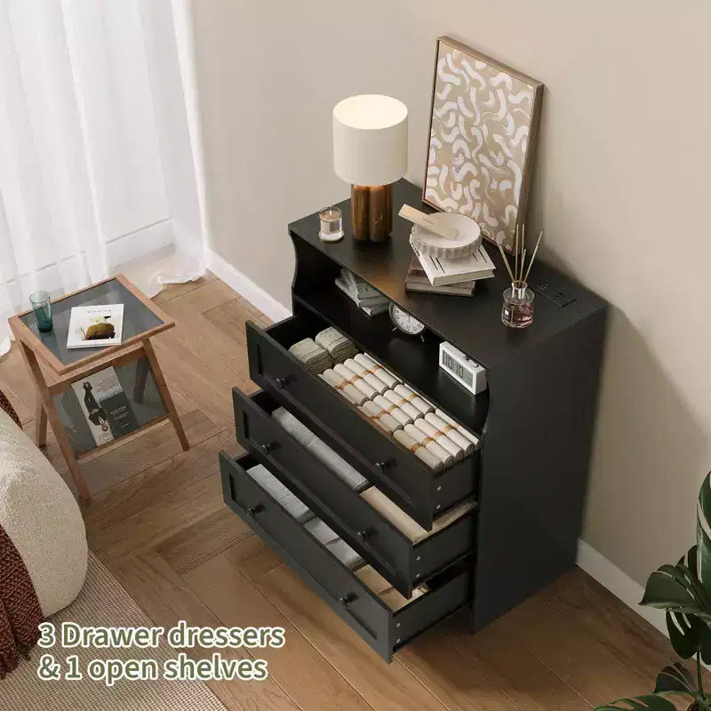 Small Dresser for Bedroom Closet Bedside with 3 Drawers, Wooden Dressers with Charging Station and LED Lights, Wood Chest of Drawers for Living Room