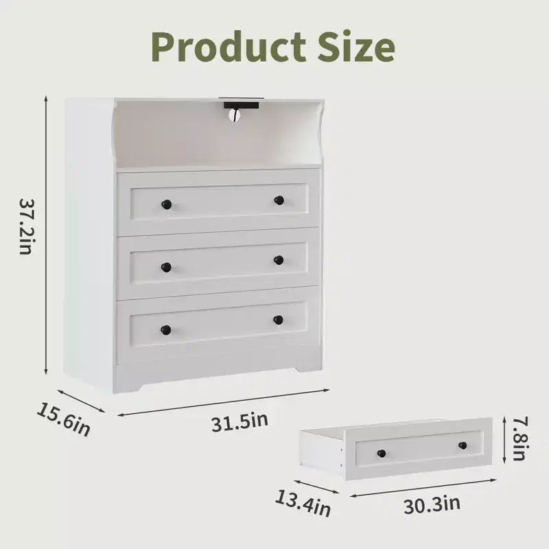 Small Dresser for Bedroom Closet Bedside with 3 Drawers, Wooden Dressers with Charging Station and LED Lights, Wood Chest of Drawers for Living Room