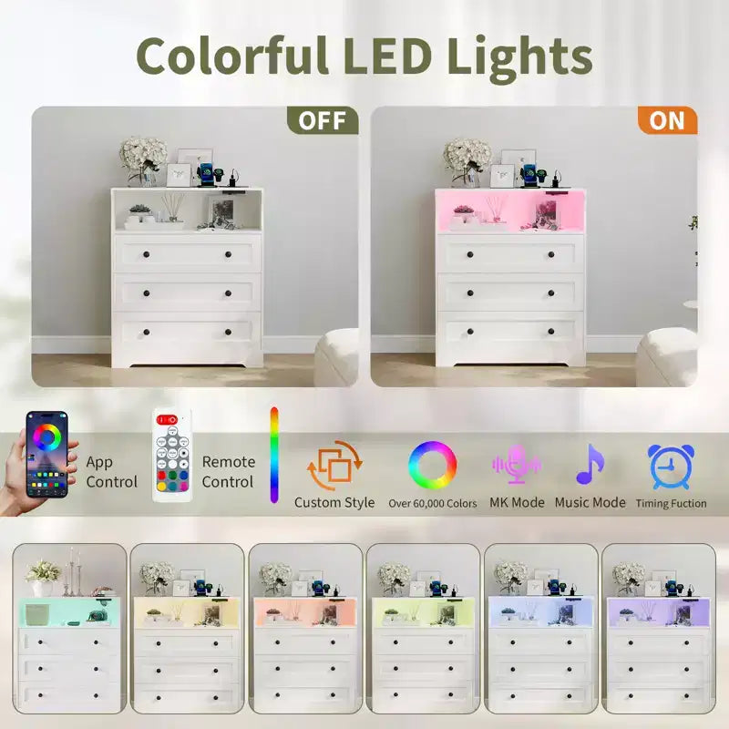 Small Dresser for Bedroom Closet Bedside with 3 Drawers, Wooden Dressers with Charging Station and LED Lights, Wood Chest of Drawers for Living Room