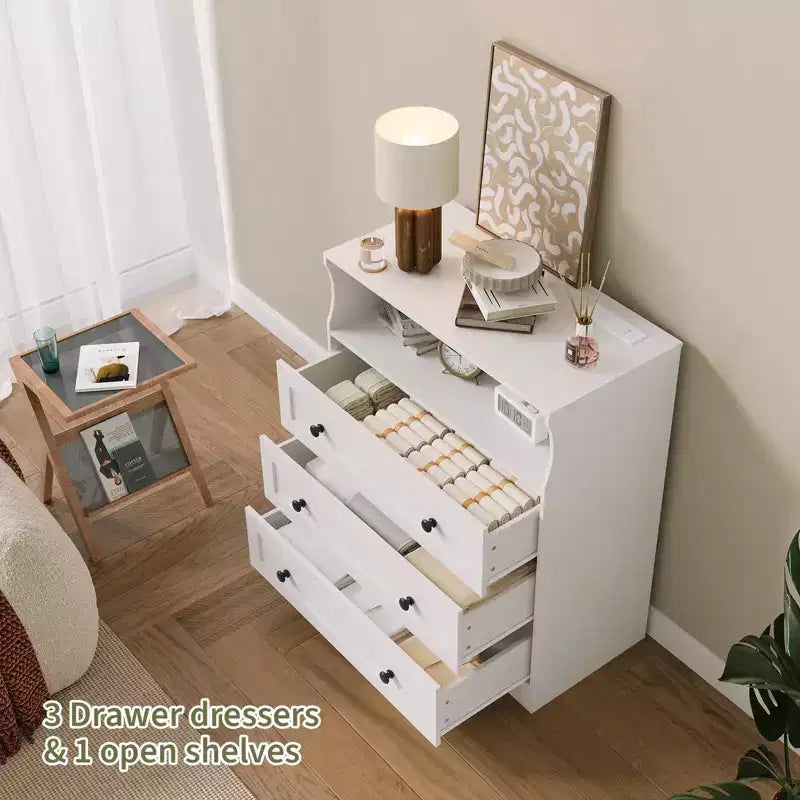 Small Dresser for Bedroom Closet Bedside with 3 Drawers, Wooden Dressers with Charging Station and LED Lights, Wood Chest of Drawers for Living Room