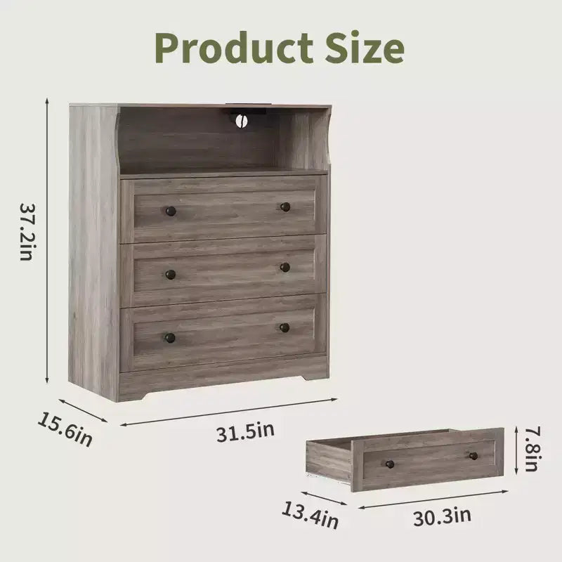 Small Dresser for Bedroom Closet Bedside with 3 Drawers, Wooden Dressers with Charging Station and LED Lights, Wood Chest of Drawers for Living Room