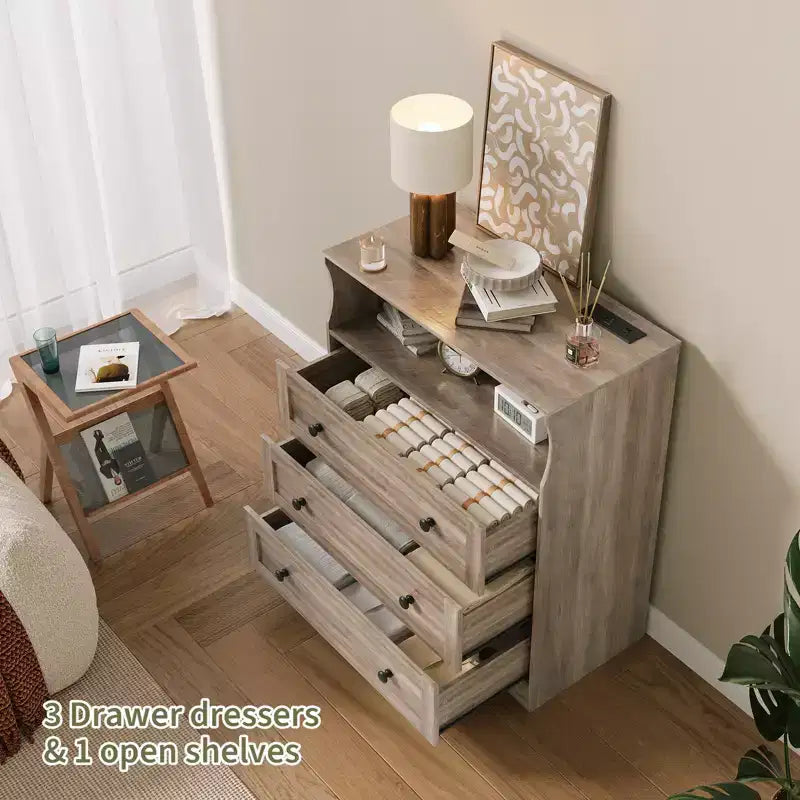 Small Dresser for Bedroom Closet Bedside with 3 Drawers, Wooden Dressers with Charging Station and LED Lights, Wood Chest of Drawers for Living Room