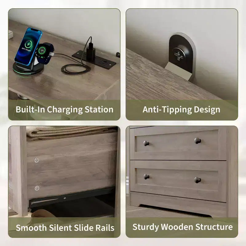 Small Dresser for Bedroom Closet Bedside with 3 Drawers, Wooden Dressers with Charging Station and LED Lights, Wood Chest of Drawers for Living Room
