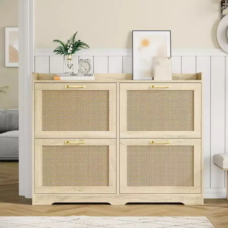 Shoe Storage Cabinet with 4 Flip Drawers, Rattan Hidden Shoe Storage Organizer, Freestanding Shoe Rack Cabinet for Hallway Living Room Apartment