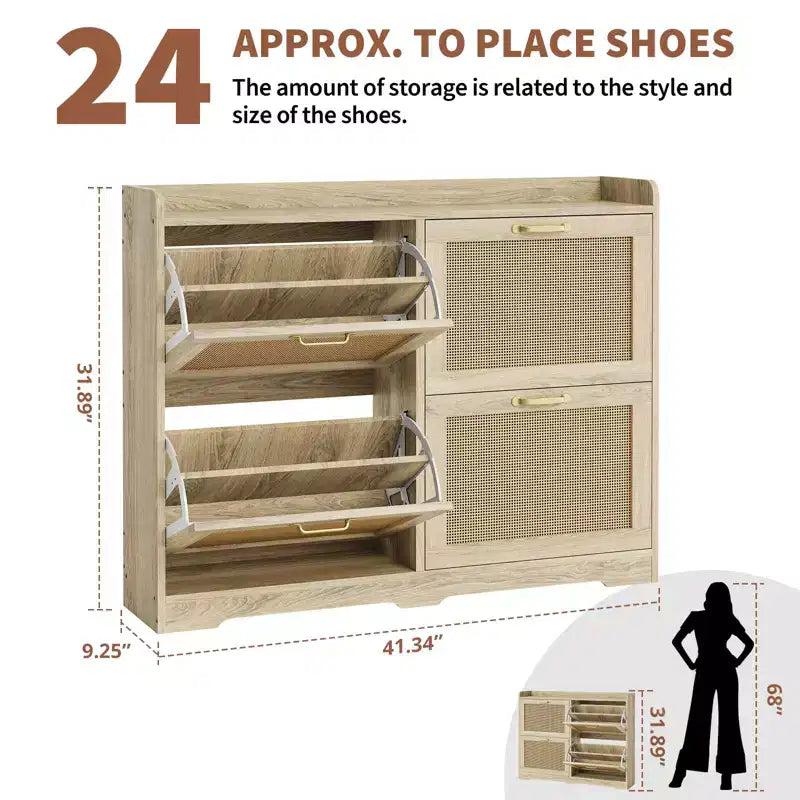 Shoe Storage Cabinet with 4 Flip Drawers, Rattan Hidden Shoe Storage Organizer, Freestanding Shoe Rack Cabinet for Hallway Living Room Apartment