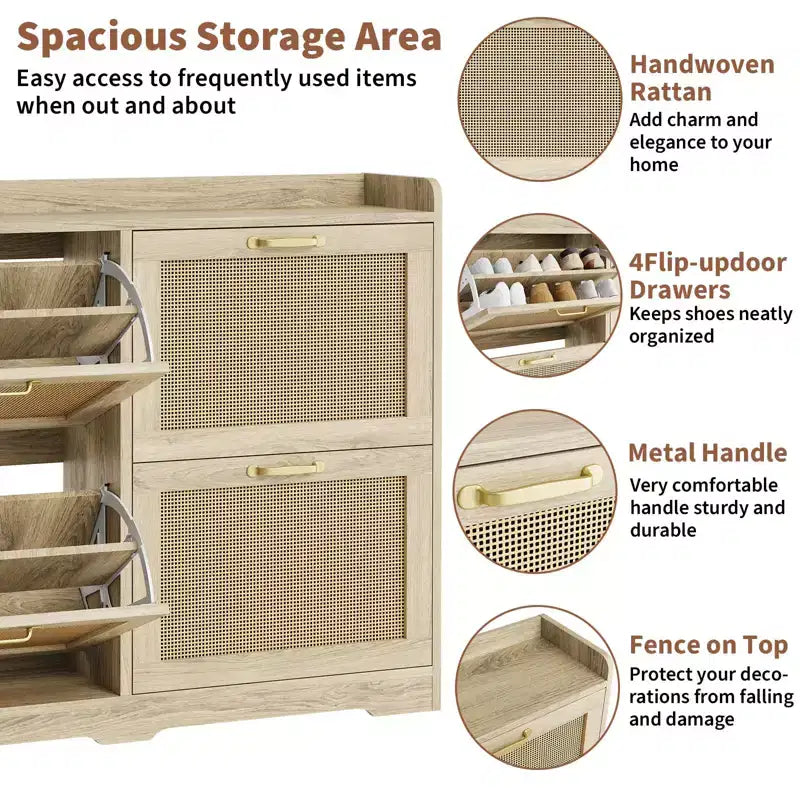 Shoe Storage Cabinet with 4 Flip Drawers, Rattan Hidden Shoe Storage Organizer, Freestanding Shoe Rack Cabinet for Hallway Living Room Apartment