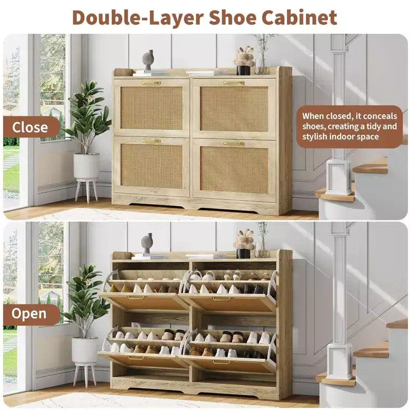 Shoe Storage Cabinet with 4 Flip Drawers, Rattan Hidden Shoe Storage Organizer, Freestanding Shoe Rack Cabinet for Hallway Living Room Apartment