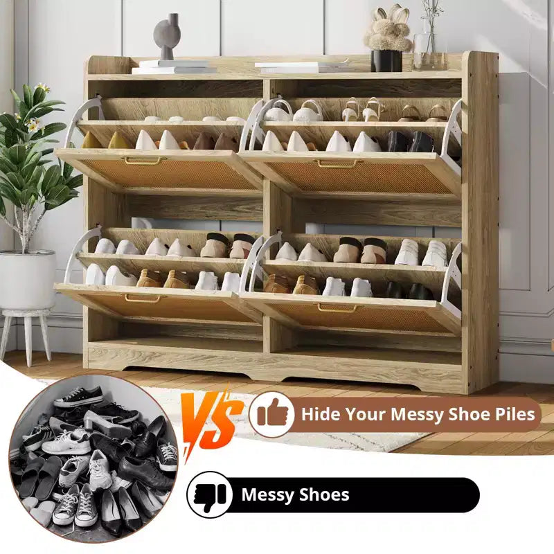 Shoe Storage Cabinet with 4 Flip Drawers, Rattan Hidden Shoe Storage Organizer, Freestanding Shoe Rack Cabinet for Hallway Living Room Apartment