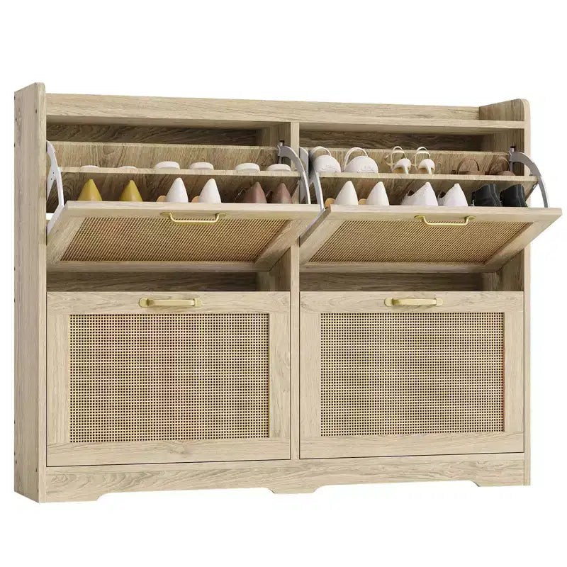 Shoe Storage Cabinet with 4 Flip Drawers, Rattan Hidden Shoe Storage Organizer, Freestanding Shoe Rack Cabinet for Hallway Living Room Apartment