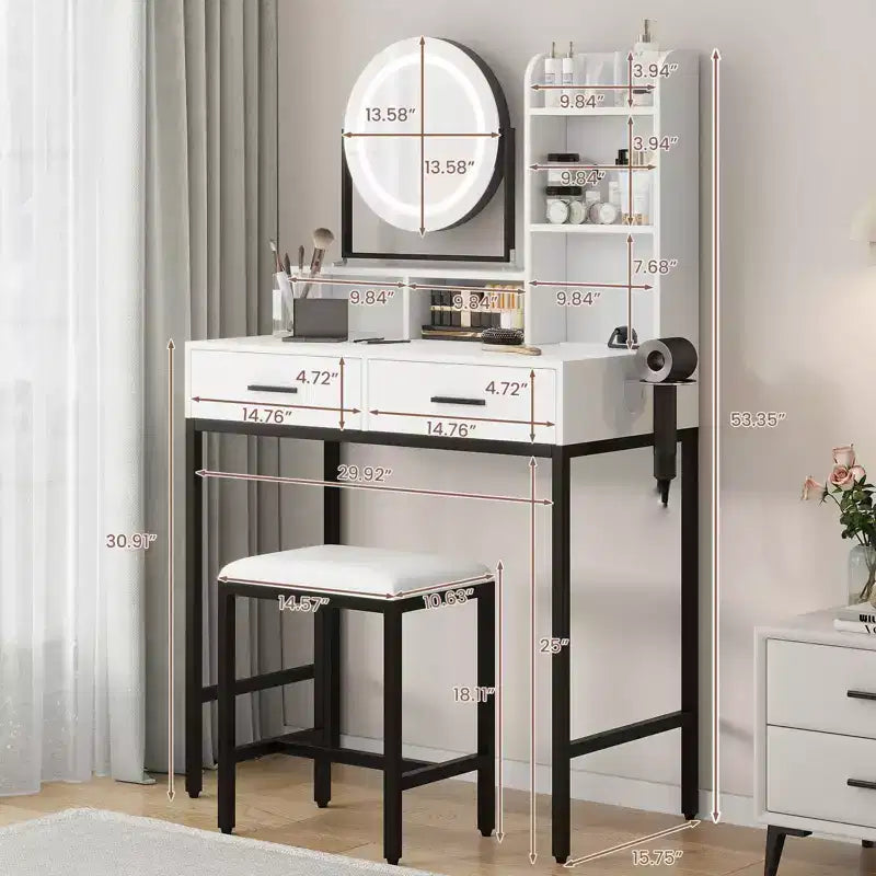 Vanity Desk with Rotating Mirror, Makeup Vanity Desk with Adjustable Mirror, Dressing Table With 2 Drawers, Storage Shelves & Stool for Bedroom