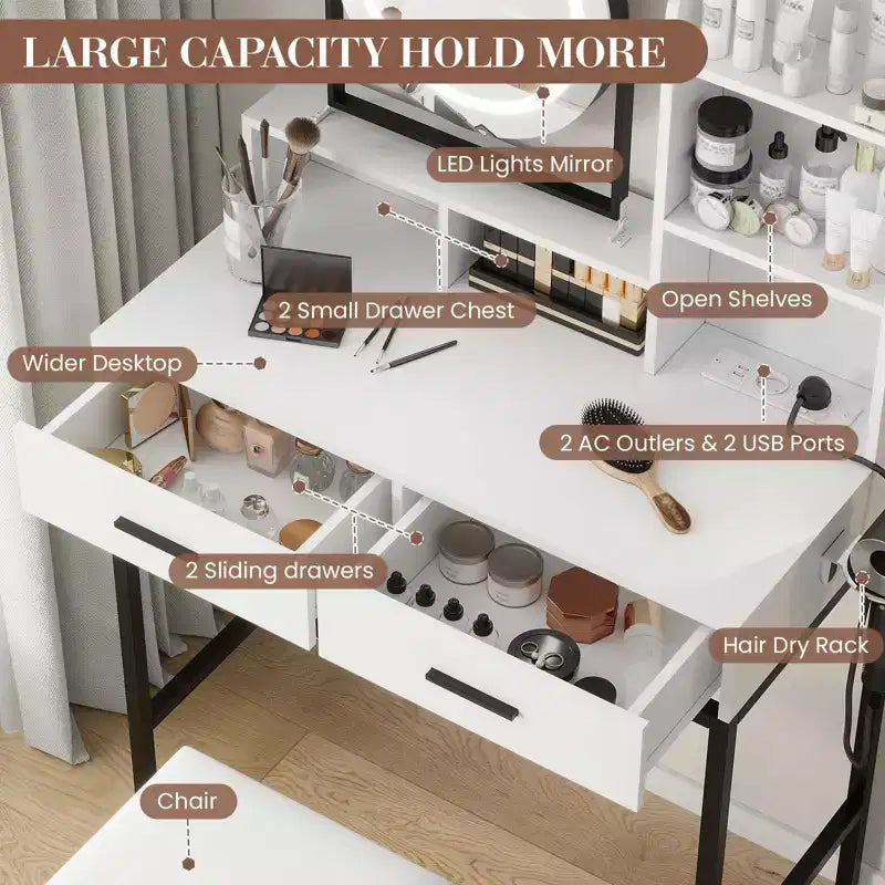 Vanity Desk with Rotating Mirror, Makeup Vanity Desk with Adjustable Mirror, Dressing Table With 2 Drawers, Storage Shelves & Stool for Bedroom
