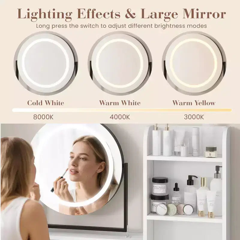 Vanity Desk with Rotating Mirror, Makeup Vanity Desk with Adjustable Mirror, Dressing Table With 2 Drawers, Storage Shelves & Stool for Bedroom