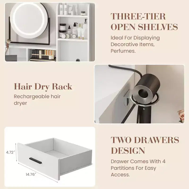 Vanity Desk with Rotating Mirror, Makeup Vanity Desk with Adjustable Mirror, Dressing Table With 2 Drawers, Storage Shelves & Stool for Bedroom