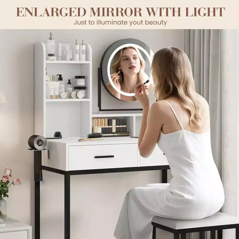 Vanity Desk with Rotating Mirror, Makeup Vanity Desk with Adjustable Mirror, Dressing Table With 2 Drawers, Storage Shelves & Stool for Bedroom