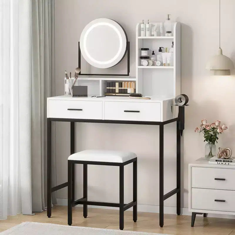 Vanity Desk with Rotating Mirror, Makeup Vanity Desk with Adjustable Mirror, Dressing Table With 2 Drawers, Storage Shelves & Stool for Bedroom