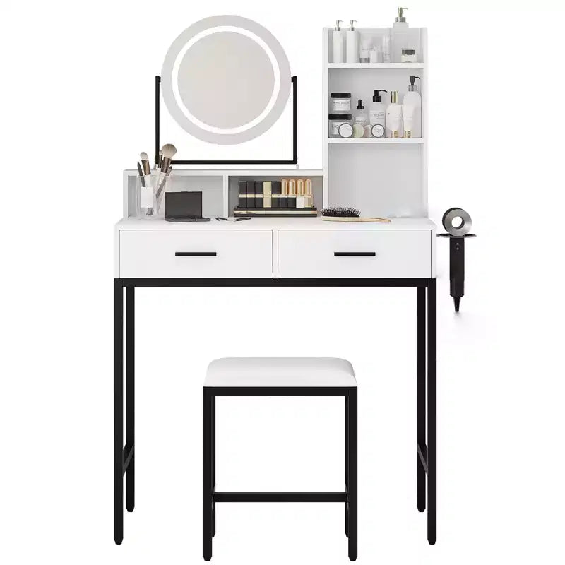 Vanity Desk with Rotating Mirror, Makeup Vanity Desk with Adjustable Mirror, Dressing Table With 2 Drawers, Storage Shelves & Stool for Bedroom