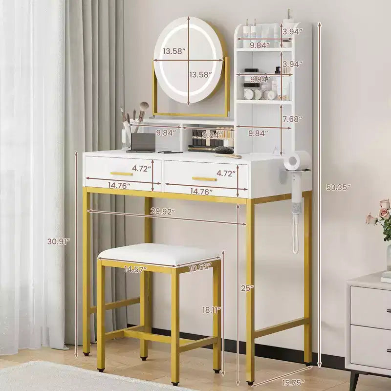 Vanity Desk with Rotating Mirror, Makeup Vanity Desk with Adjustable Mirror, Dressing Table With 2 Drawers, Storage Shelves & Stool for Bedroom